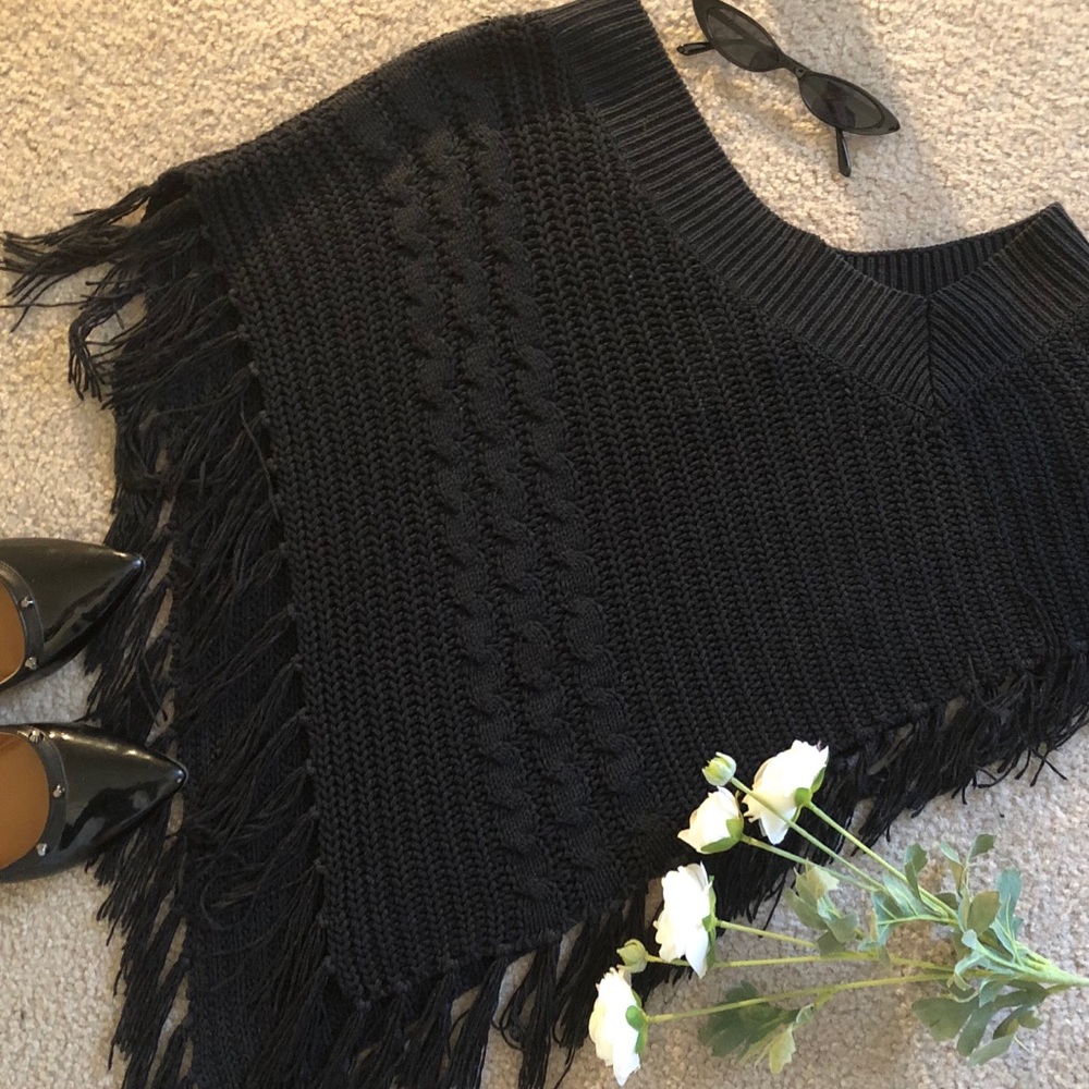 Calvin Klein black fringe poncho sweater